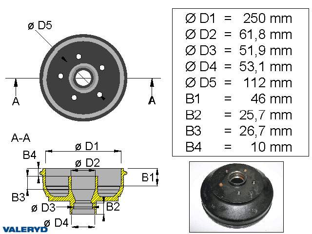 Valeryd 1092009 Bremstrommel 250x40/ 5x112 /für BPW S2504 mm-Lager 1600kg Bremstrommel, Anhänger