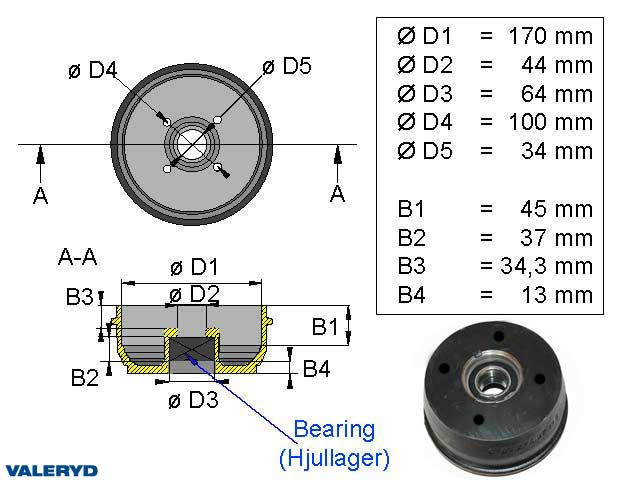 Valeryd 1092013 Bremstrommel 170x40 mit Kompaktlager / 4x100 / BPW S1704-7 Bremstrommel, Anhänger