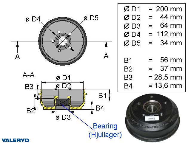 Valeryd 1092015 Bremstrommel 200x50 Kompaktlager / 5x112 / BPW S2005-7 Bremstrommel, Anhänger