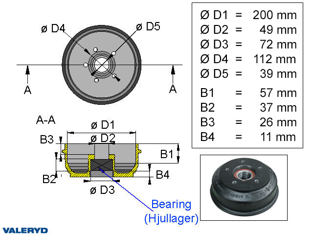 Valeryd 1092022 Bremstrommel 200x50 Kompaktlager / 5x112 / BPW S2005-7 Bremstrommel, Anhänger