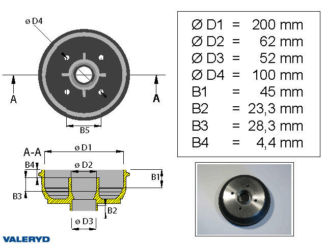 Valeryd 1092110 Bremstrommel 200x35 für mm-Radlager / 4x100 / Hahn/Peitz/BPW Bremstrommel, Anhänger