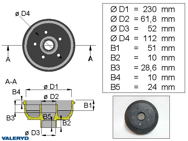 Valeryd 1094005 Bremstrommel 230x40 / 5x112 / Hahn B/BA/BAN230 / mm-Radlager Bremstrommel, Anhänger
