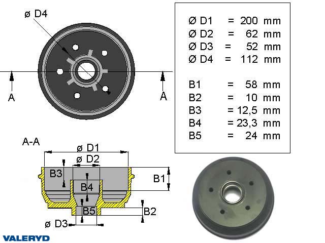Valeryd 1095002 Bremstrommel 200x50 / 5x112 / Knott/Nieper für mm-Lager Bremstrommel, Anhänger
