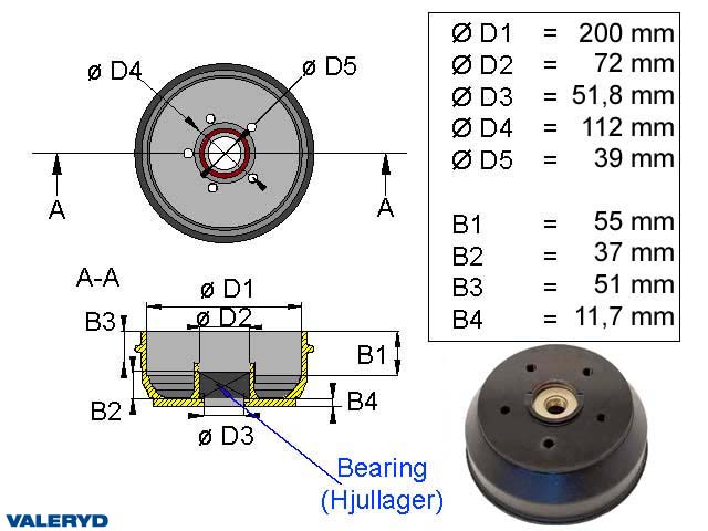 Valeryd 1095004 Bremstrommel 200x50 Kompaktlager / 5x112 / passend für Knott Bremstrommel, Anhänger