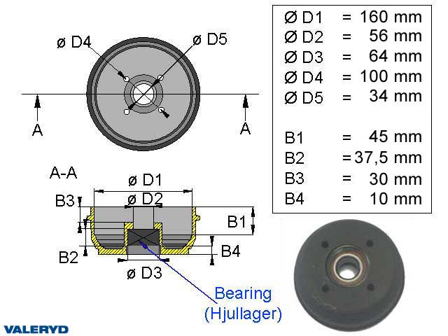 Valeryd 1095005 Bremstrommel 160x35 / 4x100 Kompaktlager passend für Knott Bremstrommel, Anhänger