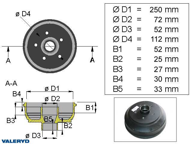 Valeryd 1095007 Bremstrommel 250x40 / 5x112  / passend für Knott mm-Lager Bremstrommel, Anhänger