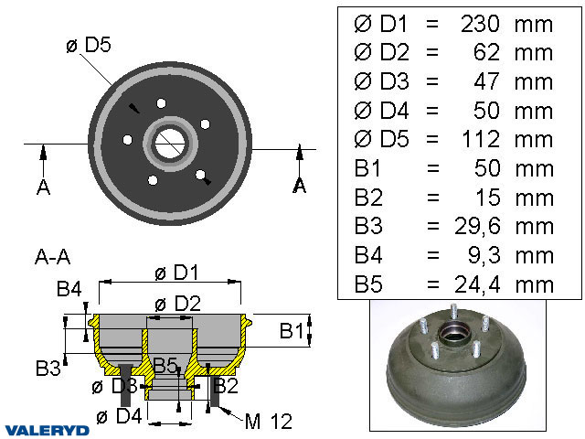 Valeryd 1097003 Bremstrommel 200x50 / 5x112 / BPW S2005-5 für Pressbolzen Bremstrommel, Anhänger