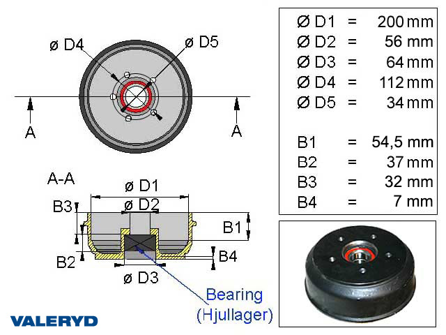 Valeryd 4010507 Bremstrommel 200x50 Kompaktlager / 5x112 / Knott/Schlegl Bremstrommel, Anhänger