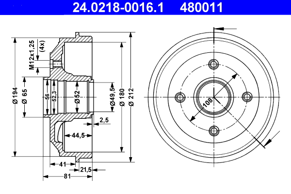 ATE 24.0218-0016.1 Bremstrommel