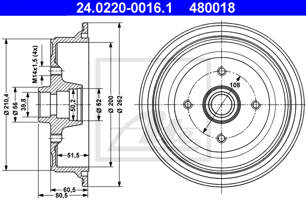 ATE 24.0220-0016.1 Tamburo freno