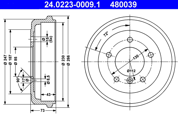 ATE 24.0223-0009.1 Bremstrommel