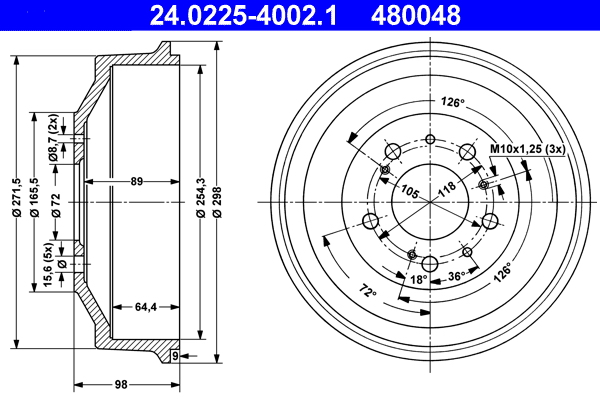 ATE 24.0225-4002.1 Bremstrommel