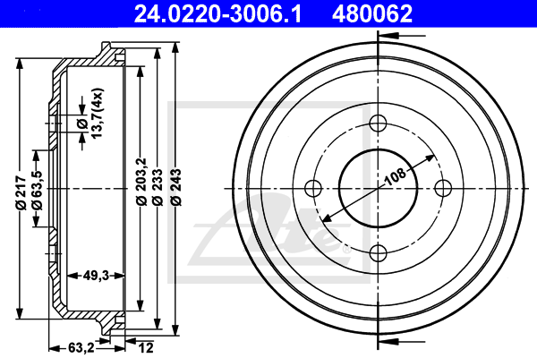 ATE 24.0220-3006.1 Tamburo freno