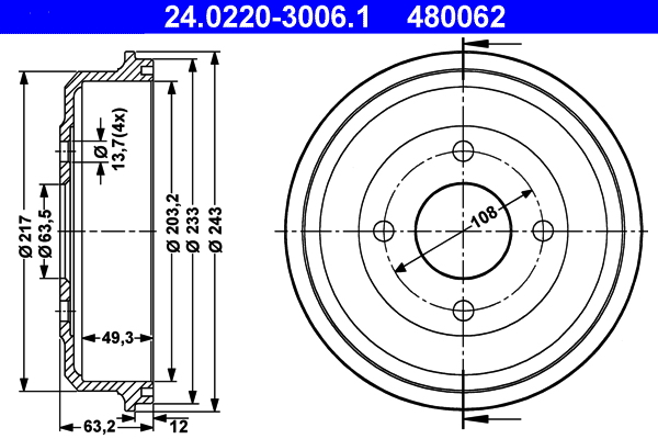 ATE 24.0220-3006.1 Bremstrommel