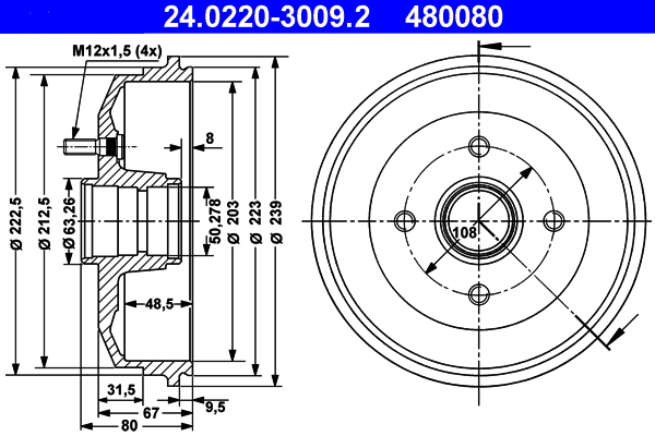 ATE 24.0220-3009.2 Bremstrommel