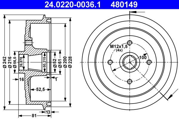 ATE 24.0220-0036.1 Bremstrommel
