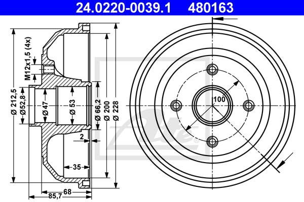 ATE 24.0220-0039.1 Tamburo freno