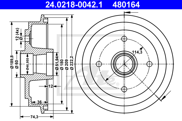 ATE 24.0218-0042.1 Tamburo freno