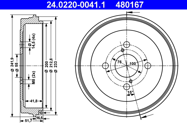 ATE 24.0220-0041.1 Bremstrommel