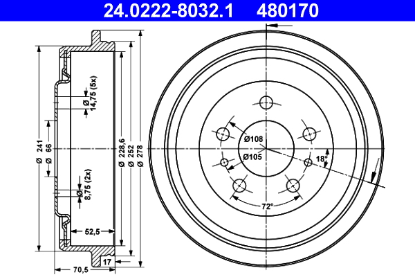 ATE 24.0222-8032.1 Bremstrommel