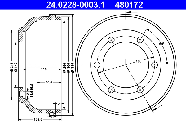 ATE 24.0228-0003.1 Bremstrommel