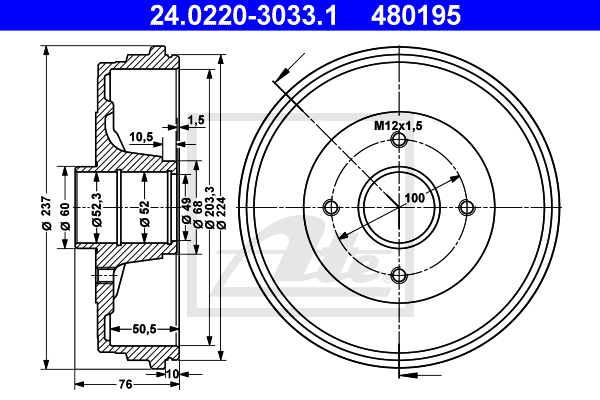 ATE 24.0220-3033.1 Tamburo freno