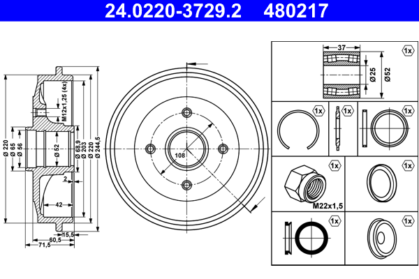 ATE 24.0220-3729.2 Tamburo freno