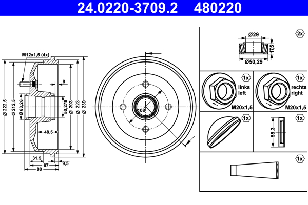 ATE 24.0220-3709.2 Bremstrommel