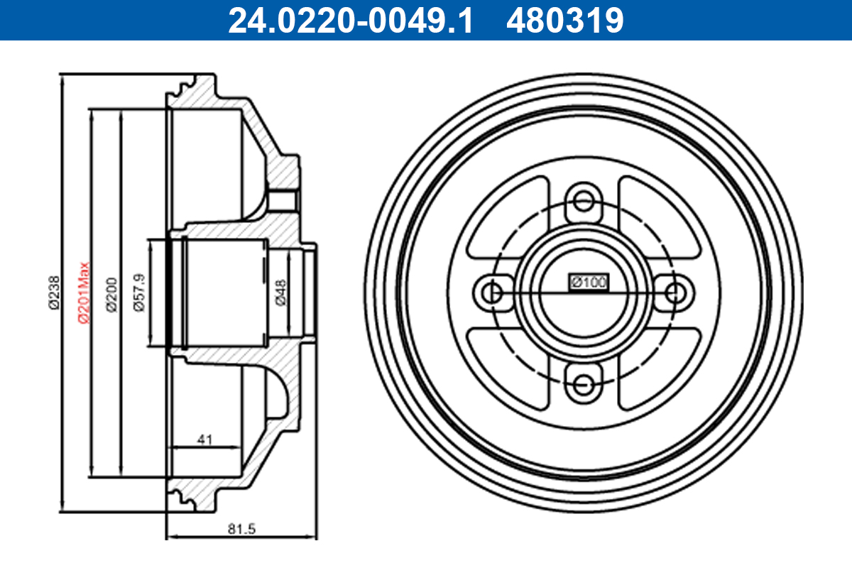 ATE 24.0220-0049.1 Bremstrommel