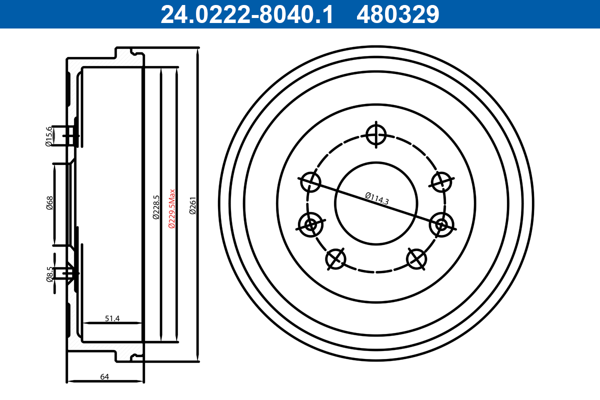 ATE 24.0222-8040.1 Bremstrommel