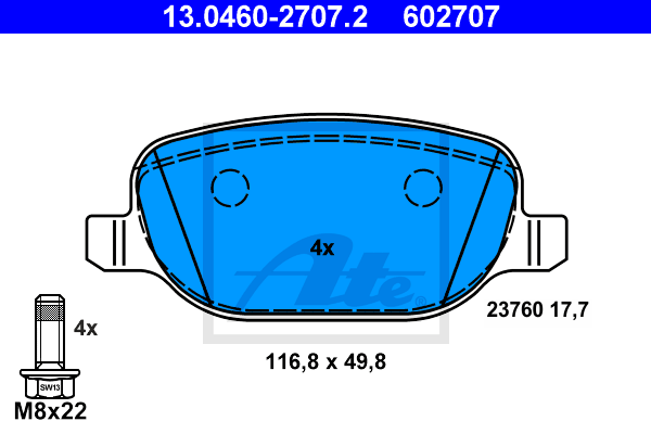 ATE 13.0460-2707.2 Kit pastiglie freno, Freno a disco-Kit pastiglie freno, Freno a disco-Ricambi Euro