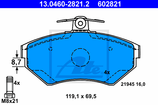 ATE 13.0460-2821.2 Kit pastiglie freno, Freno a disco-Kit pastiglie freno, Freno a disco-Ricambi Euro