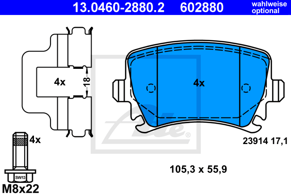 ATE 13.0460-2880.2 Kit pastiglie freno, Freno a disco