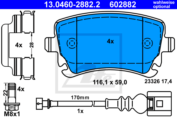 ATE 13.0460-2882.2 Kit pastiglie freno, Freno a disco