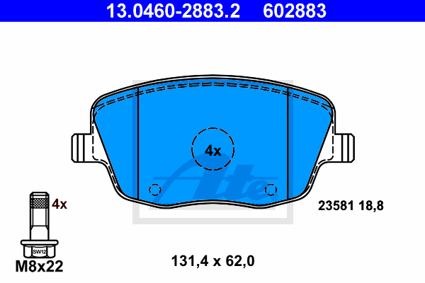 ATE 13.0460-2883.2 Kit pastiglie freno, Freno a disco