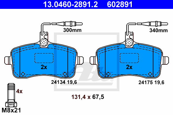 ATE 13.0460-2891.2 Kit pastiglie freno, Freno a disco-Kit pastiglie freno, Freno a disco-Ricambi Euro