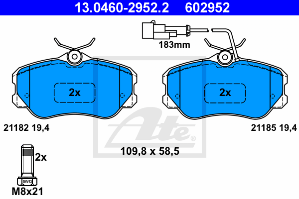 ATE 13.0460-2952.2 Kit pastiglie freno, Freno a disco-Kit pastiglie freno, Freno a disco-Ricambi Euro