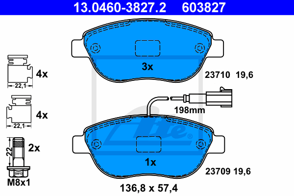 ATE 13.0460-3827.2 Kit pastiglie freno, Freno a disco-Kit pastiglie freno, Freno a disco-Ricambi Euro