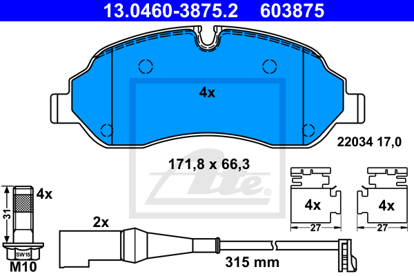 ATE 13.0460-3875.2 Kit pastiglie freno, Freno a disco-Kit pastiglie freno, Freno a disco-Ricambi Euro