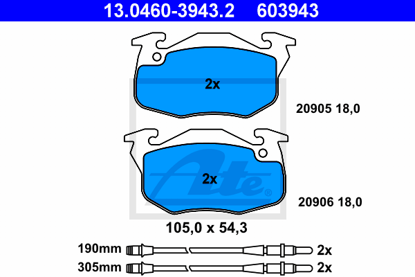 ATE 13.0460-3943.2 Kit pastiglie freno, Freno a disco