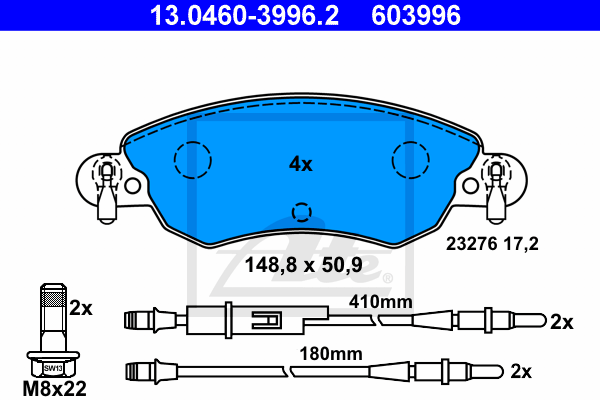 ATE 13.0460-3996.2 Kit pastiglie freno, Freno a disco-Kit pastiglie freno, Freno a disco-Ricambi Euro