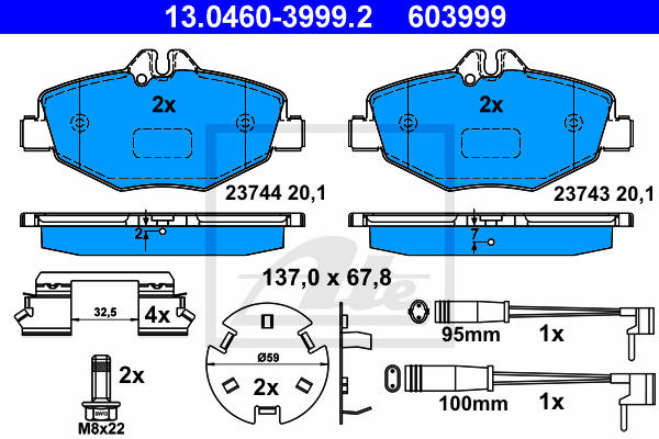 ATE 13.0460-3999.2 Kit pastiglie freno, Freno a disco-Kit pastiglie freno, Freno a disco-Ricambi Euro