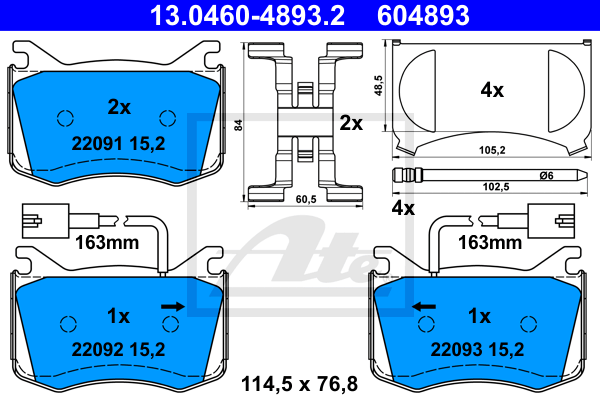 ATE 13.0460-4893.2 Kit pastiglie freno, Freno a disco