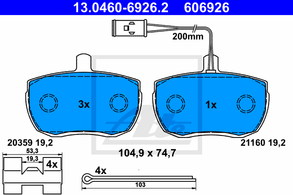 ATE 13.0460-6926.2 Kit pastiglie freno, Freno a disco