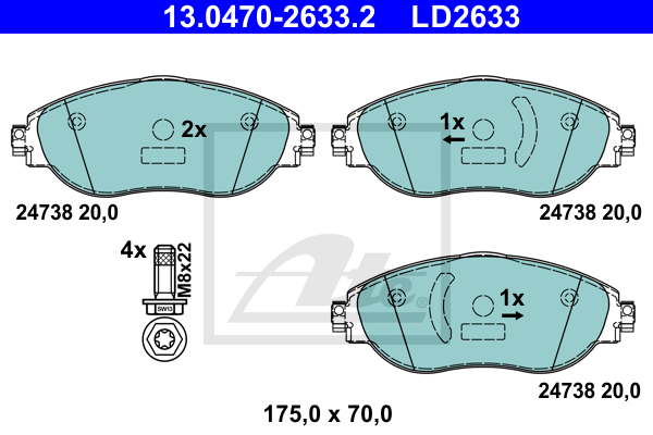 ATE 13.0470-2633.2 Kit pastiglie freno, Freno a disco-Kit pastiglie freno, Freno a disco-Ricambi Euro