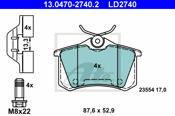 ATE 13.0470-2740.2 Kit pastiglie freno, Freno a disco