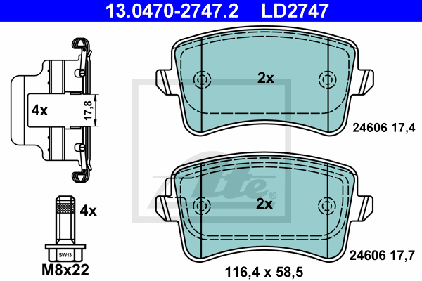 ATE 13.0470-2747.2 Kit pastiglie freno, Freno a disco