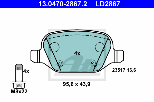 ATE 13.0470-2867.2 Kit pastiglie freno, Freno a disco