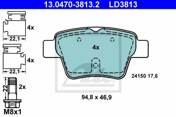 ATE 13.0470-3813.2 Kit pastiglie freno, Freno a disco-Kit pastiglie freno, Freno a disco-Ricambi Euro