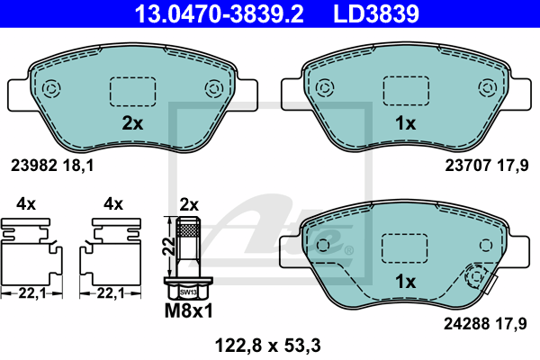 ATE 13.0470-3839.2 Kit pastiglie freno, Freno a disco